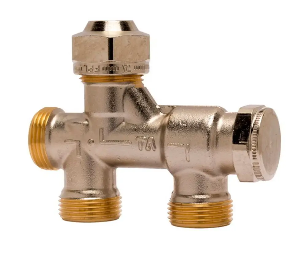 Ein Rohrverteiler aus Messing mit mehreren Anschlüssen, gefertigt von IMI Hydronic Engineering. Der Artikel zeigt Außengewinde und eine kompakte Bauform.